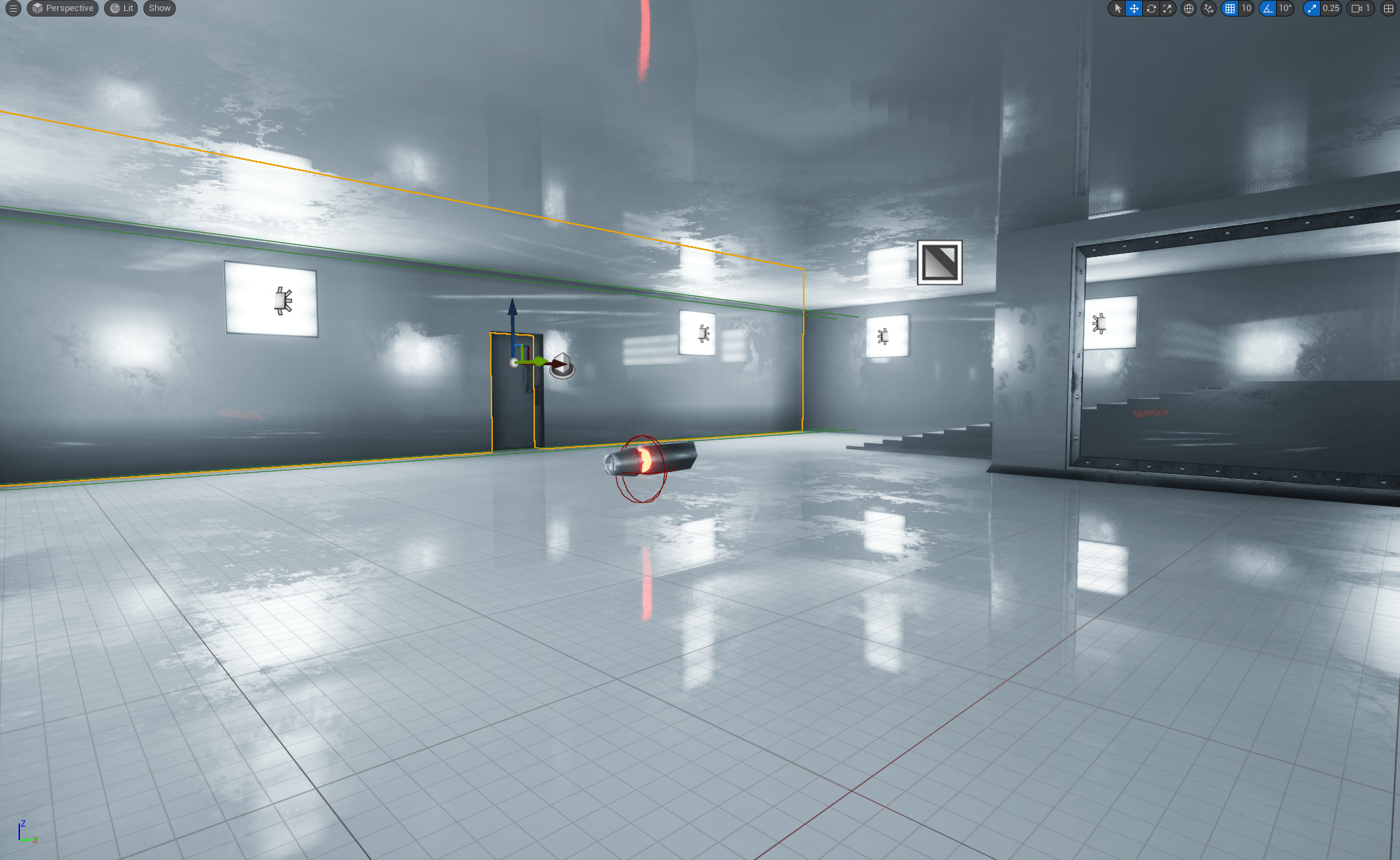 A screenshot of the Unreal Engine 5 editor window, showing the LiDAR gun and part of the level.